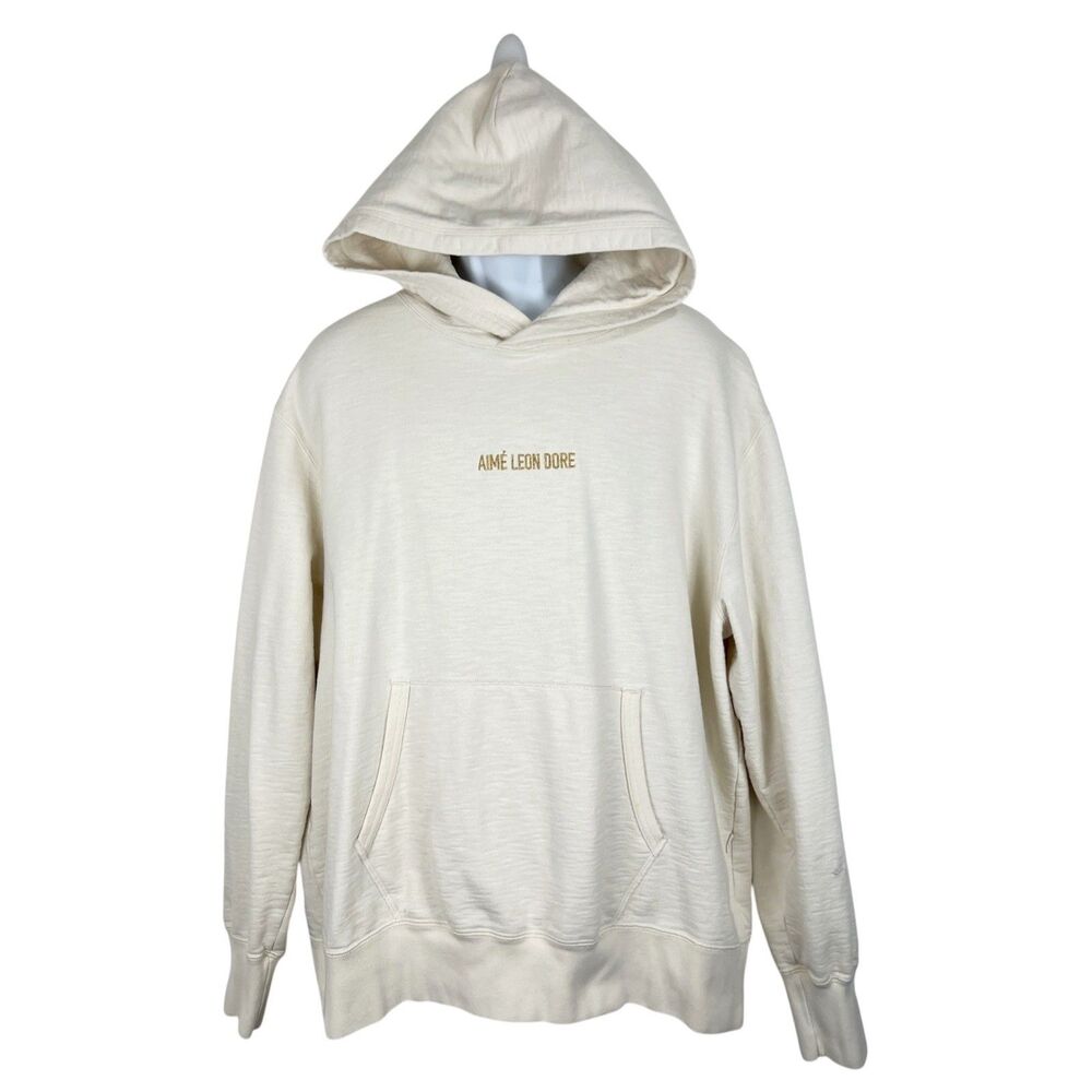 Aime Leon Dore Sweater Men XXL Cream Pullover Hoodie Gold Embroidered Logo